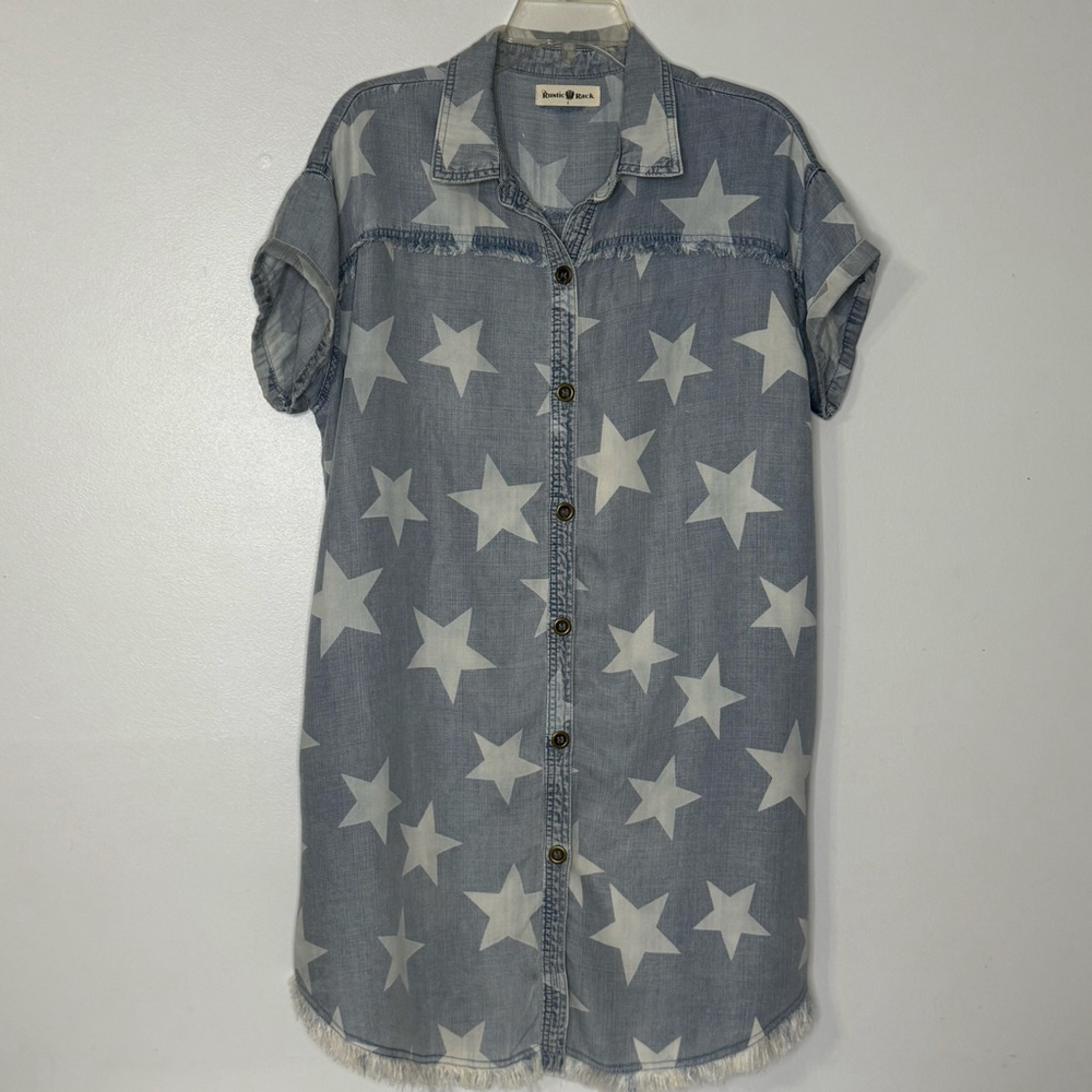 Star Print Frayed Hem Denim Dress from The Rustic Rack Boutique Size S